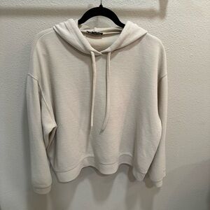 Zara Sweater Womens Large Off White Hooded Pullover Hoodie Cropped
